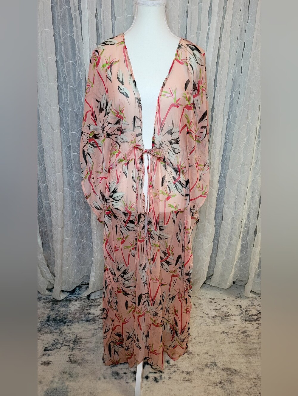 Free Press Sheer Tropical Floral Maxi Kimono Duster Swim Flowy Cover Up OS